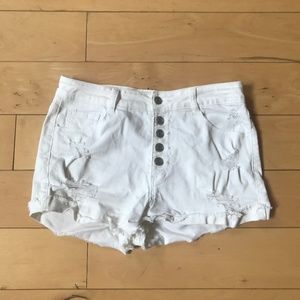 White distressed button-up shorts
